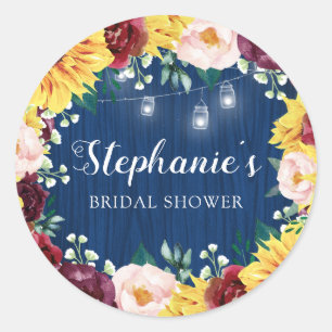 Sunflower Navy Blue Mason Jars Bridal Shower Classic Round Sticker