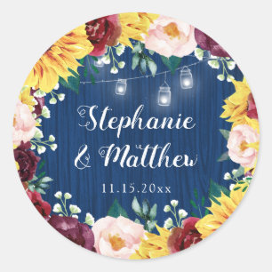 Sunflower Navy Blue Mason Jars Burgundy Wedding Classic Round Sticker