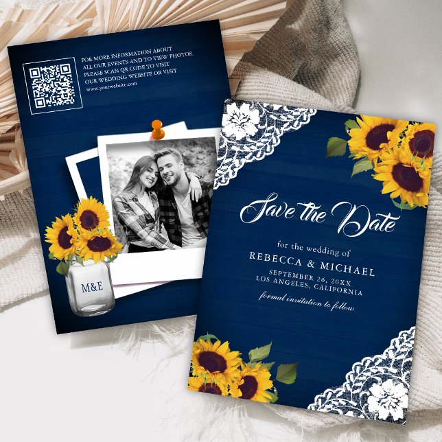 Sunflower Navy Blue Photo QR Code Wedding Save The Date (Creator Uploaded)