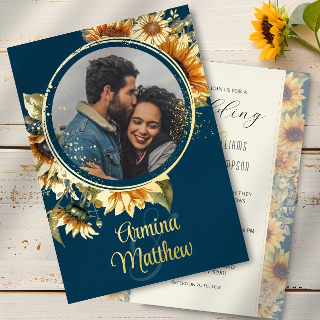 Sunflower Navy Blue Photo Wedding Gold (A sunflower wedding invitation template with country rustic charm and personalized photo)