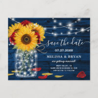Sunflower Navy Blue Red Rose Rustic Save the Date
