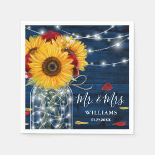 Sunflower Navy Blue Red Rose Rustic Wood Wedding Napkin