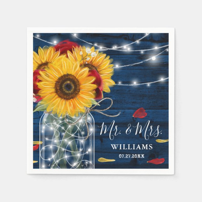 Sunflower Navy Blue Red Rose Rustic Wood Wedding Napkin (Front)