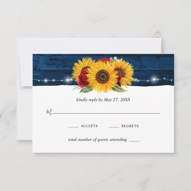 Sunflower Navy Blue Red Rose Rustic Wood Wedding RSVP Card (Front)