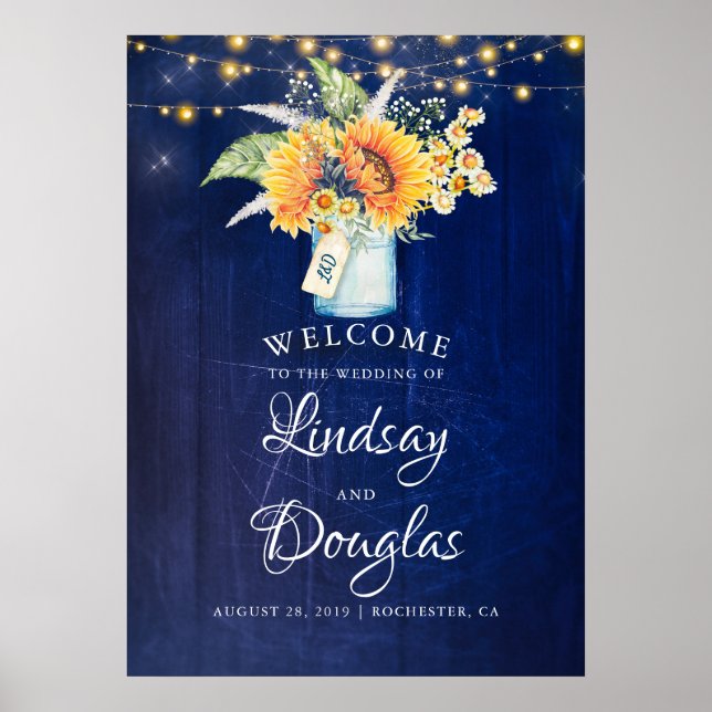 Sunflower Navy Blue Rustic Wedding Welcome Sign (Front)