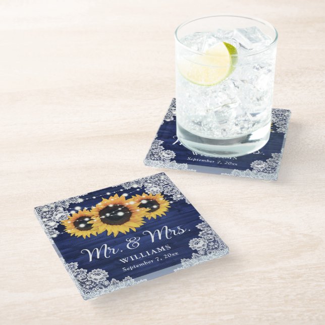 Sunflower Navy Blue Rustic Wood Lace Wedding Glass Coaster (Angled)