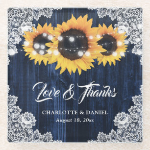 Sunflower Navy Blue Rustic Wood Lace Wedding Glass Coaster