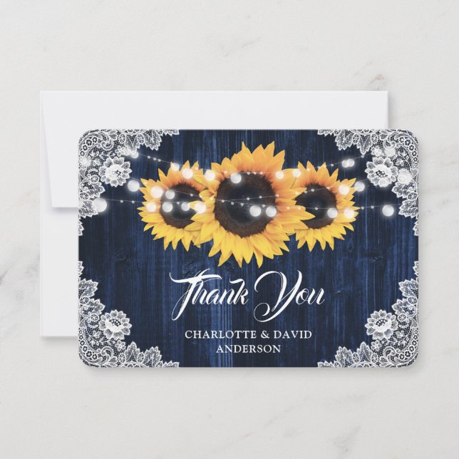 Sunflower Navy Blue Rustic Wood Lace Wedding Thank You Card (Front)