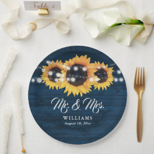 Sunflower Navy Blue Rustic Wood Mr and Mrs Wedding Paper Plate