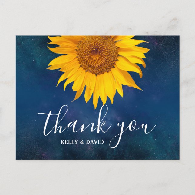 Sunflower Navy Blue Summer Wedding Thank You Postcard (Front)