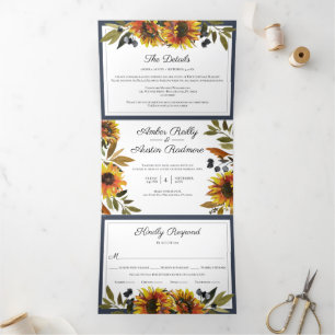Sunflower Navy Blue Wedding All In One Invitation
