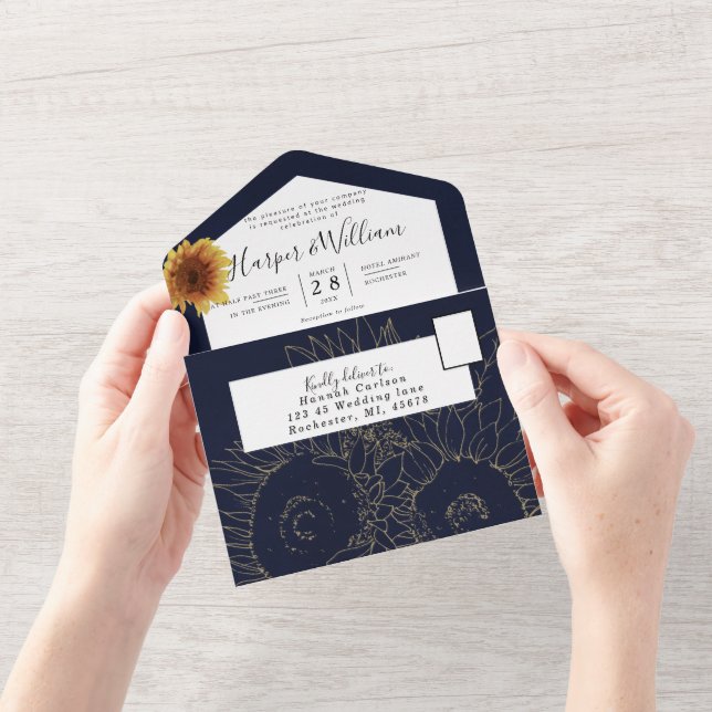 Sunflower navy blue wedding envelope all in one in all in one invitation (Opening)
