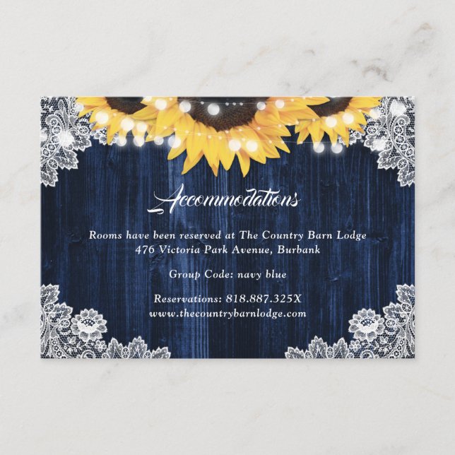 Sunflower Navy Blue Wedding Hotel Accommodation Enclosure Card (Front)