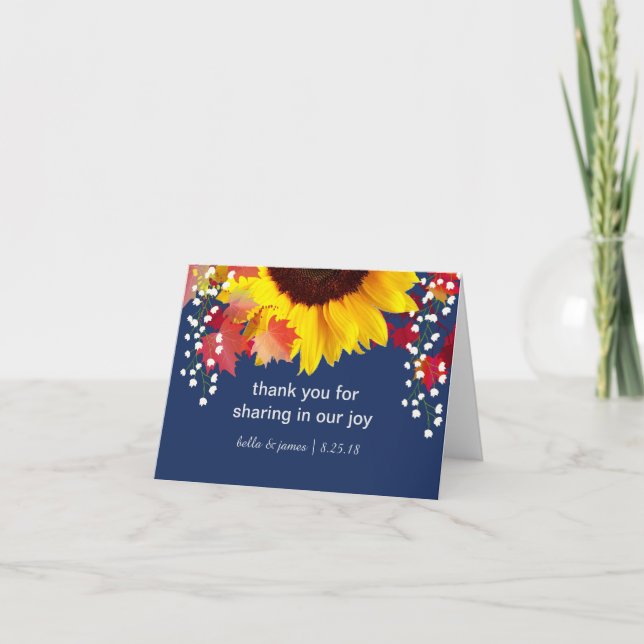 Sunflower Navy Blue Wedding Thank You Note Cards (Front)