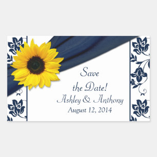 Sunflower Navy Blue White Damask Wedding Stickers