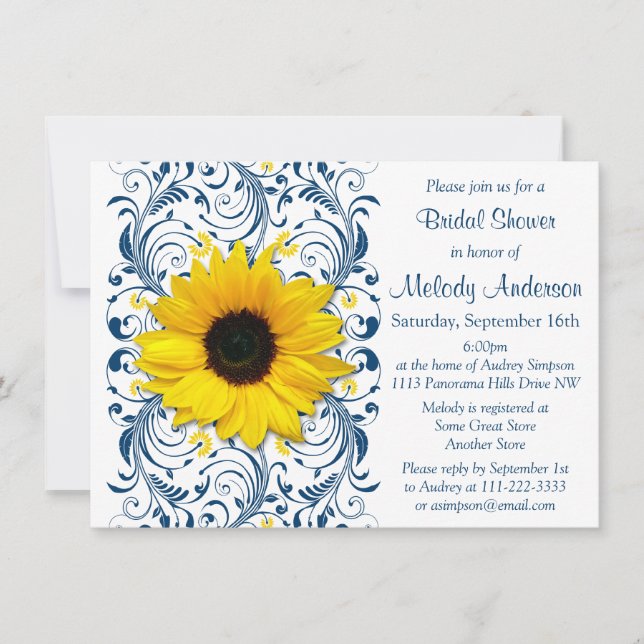 Sunflower Navy Blue White Floral Bridal Shower Invitation (Front)