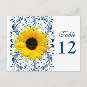 Sunflower Navy Blue White Floral Table Number Card