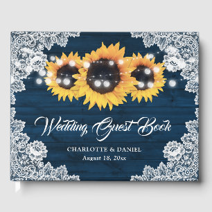 Sunflower Navy Blue Wood Floral Lace Wedding Guest Book