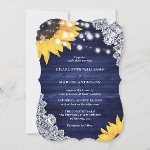 Sunflower Navy Blue Wood Floral Lace Wedding Invitation