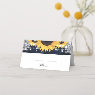 Sunflower Navy Blue Wood Floral Lace Wedding Place Card