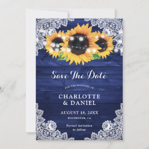 Sunflower Navy Blue Wood Floral Lace Wedding Save The Date