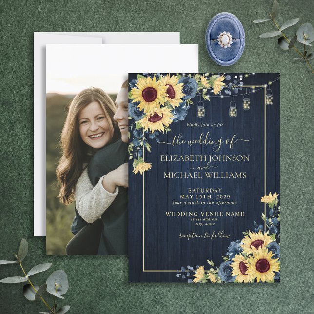 Sunflower Navy Blue Wood Floral Photo Wedding Invitation (Creator Uploaded)