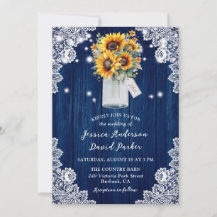 Sunflower Navy Blue Wood Lace Mason Jar Wedding Invitation