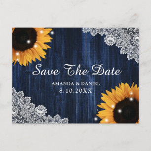 Sunflower Navy Blue Wood Lace Rustic Save The Date Postcard