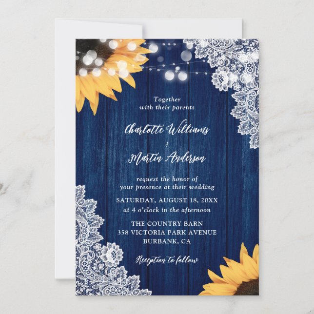Sunflower Navy Blue Wood Lace Wedding Invitation (Front)