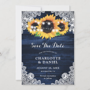 Sunflower Navy Blue Wood Lace Wedding Save The Date