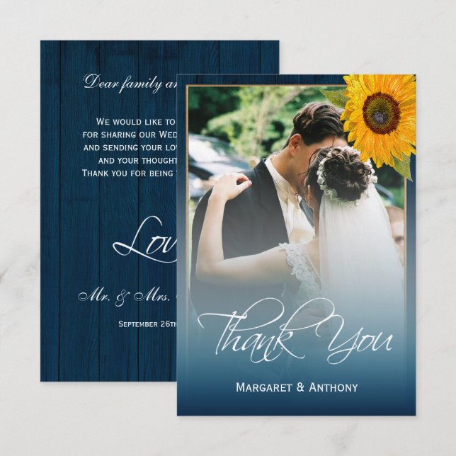 Sunflower Navy Blue Wood Rustic Wedding Thank You Card (Front/Back)