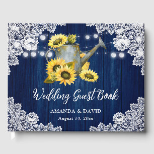 Sunflower Navy Blue Wood Watering Can Lace Wedding Guest Book