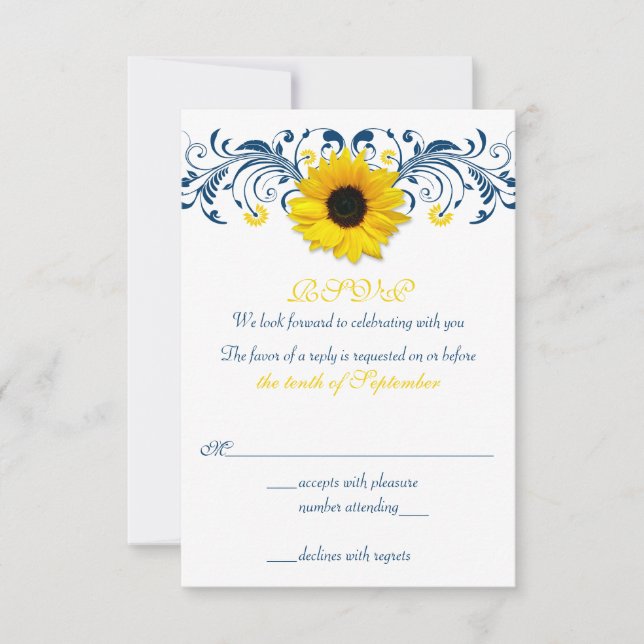 Sunflower Navy Blue Yellow Floral Wedding RSVP Card (Front)