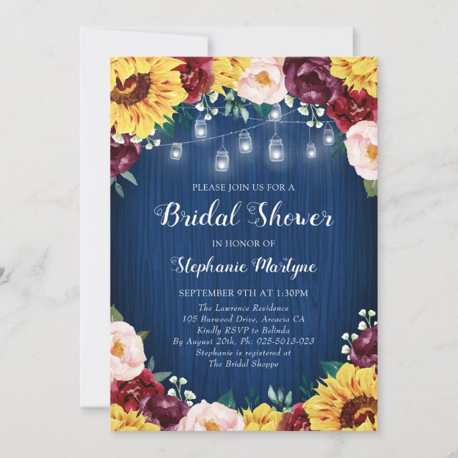 Sunflower Navy Bridal Shower Mason Jars Floral Invitation (Front)