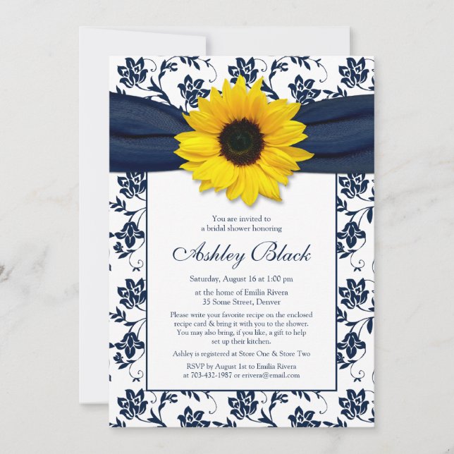 Sunflower Navy Damask Bridal Shower Invitation (Front)