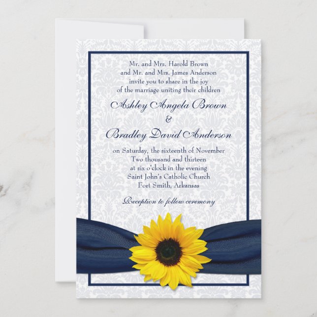 Sunflower Navy Damask Floral Wedding Invitation (Front)