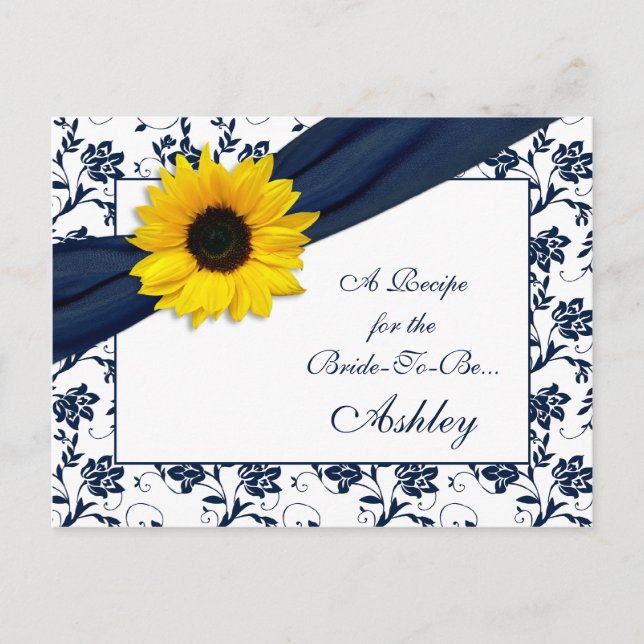 Sunflower Navy Damask Recipe Card for the Bride (Front)