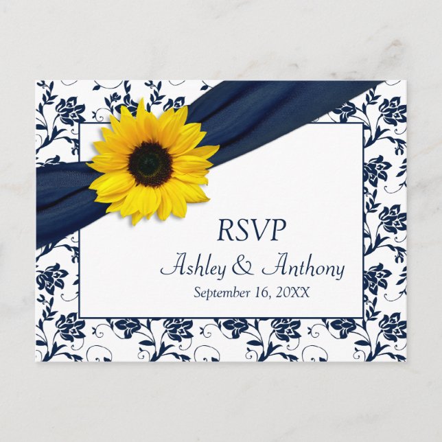 Sunflower Navy Damask Wedding RSVP Postcard (Front)