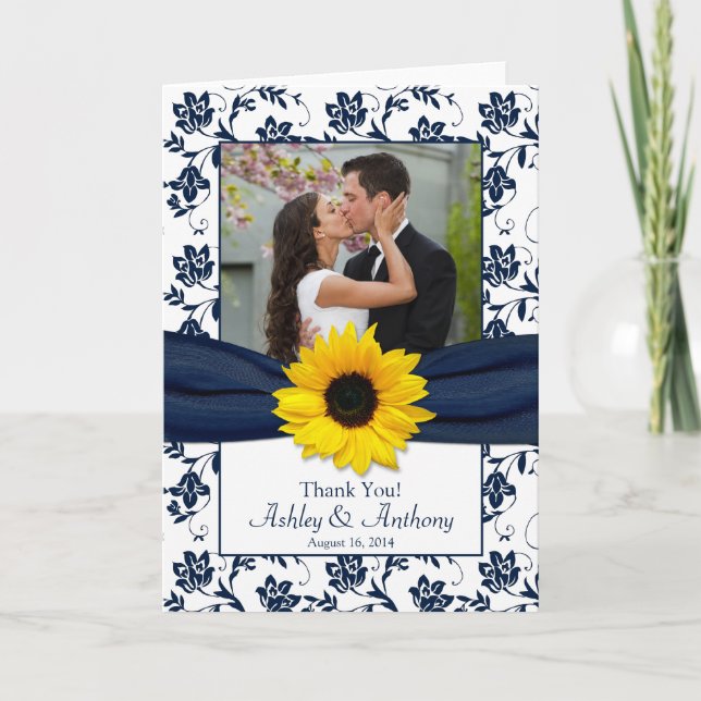 Sunflower Navy Damask Wedding Thank You Card (Front)