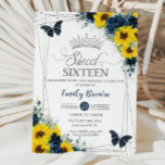 Sunflower Navy Floral Butterflies Silver Sweet 16 Invitation<br><div class="desc">This chic Sweet 16 Birthday invitation features a silver glitter geometric frame adorned by yellow sunflower and navy blue floral. Personalise it with your details easily and quickly, simply press the customise it button to further re-arrange and format the style and placement of the text. (c) The Happy Cat Studio...</div>