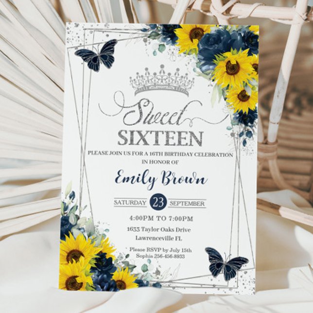 Sunflower Navy Floral Butterflies Silver Sweet 16 Invitation (Creator Uploaded)