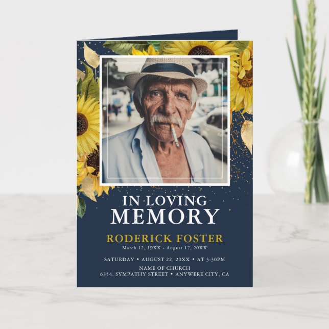 Sunflower Navy & Gold Elegant Funeral Program Programme (Front)