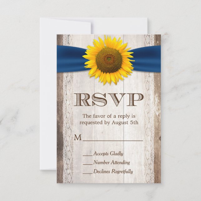Sunflower Navy Ribbon Lace Rustic Barn Wood RSVP (Front)