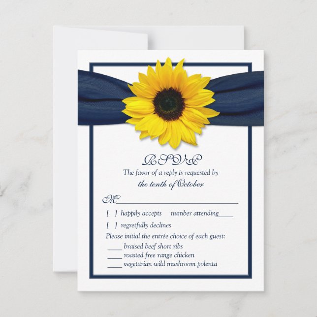 Sunflower Navy Ribbon Wedding Meal Choice RSVP (Front)