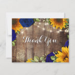 Sunflower & Navy Roses Rustic Thank You Card<br><div class="desc">Sunflower & Navy Roses Rustic Thank You Card. A great card where you can say thank you for anything,  wedding,  birthday and more!. Features yellow sunflowers with red roses and white baby's breath over a rustic wood background. Twinkle lights hang from the top with a heart.</div>