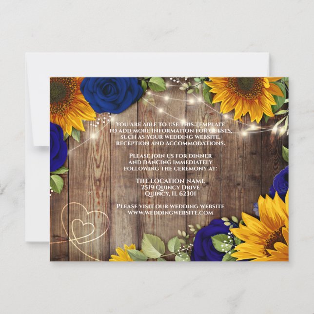 Sunflower & Navy Roses Rustic Wedding Details Card (Front)