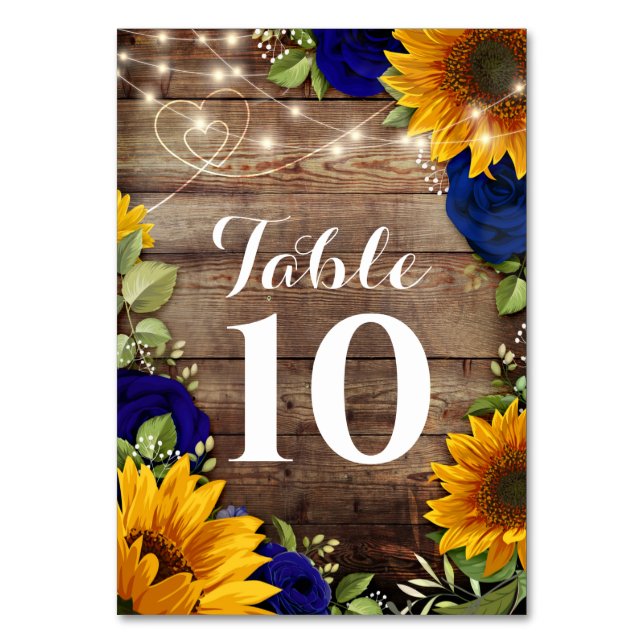 Sunflower Navy Roses Rustic Wedding Table Numbers (Front)