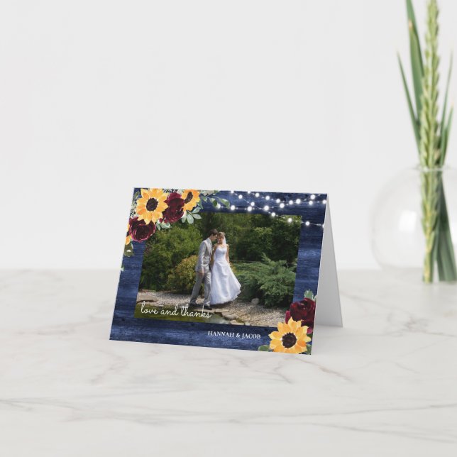 Sunflower Navy Wood String Lights Wedding Photo Thank You Card (Front)