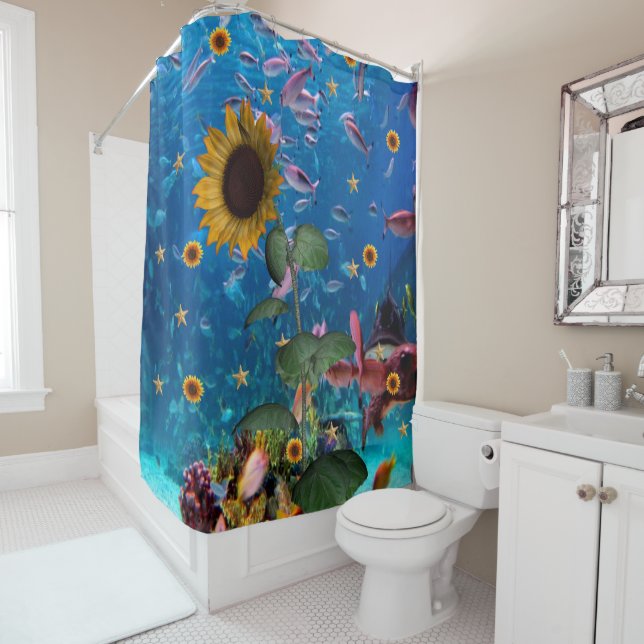 Sunflower Ocean Fish Shower Curtain (In Situ)