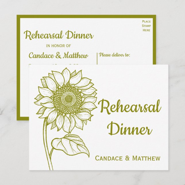 Sunflower Olive Green Floral Rehearsal Dinner Invitation Postcard (Front/Back)